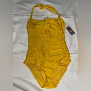 Medium One Piece Swimsuit Yellow Tummy Control Halter
